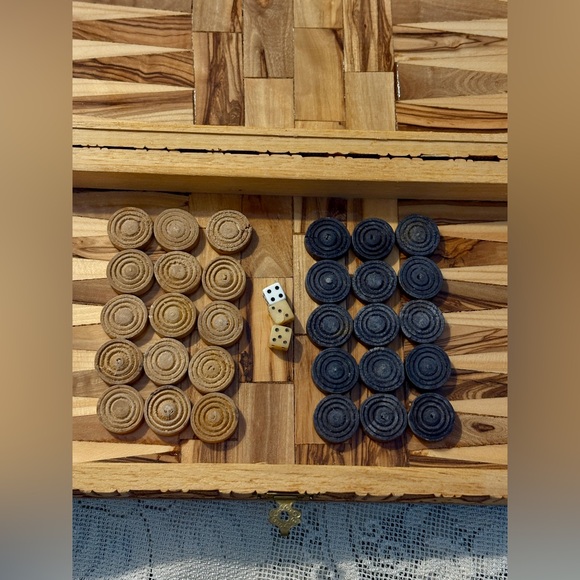 Handmade Other - Vintage Backgammon Game Chess Board Hand Crafted Olive Wood in Israel Holy Land